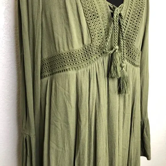 Torrid army olive green slit sleeve tassel boho peasant dress size 0 or Large - Picture 5 of 16